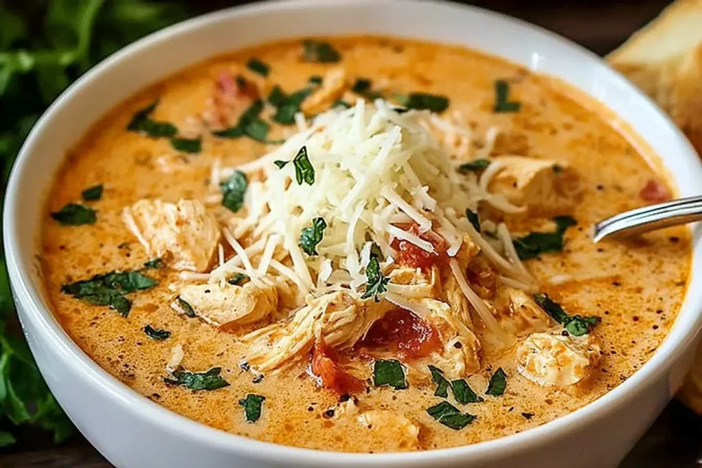 Crock Pot Creamy Chicken Parmesan Soup with shredded Parmesan and herbs in a white bowl