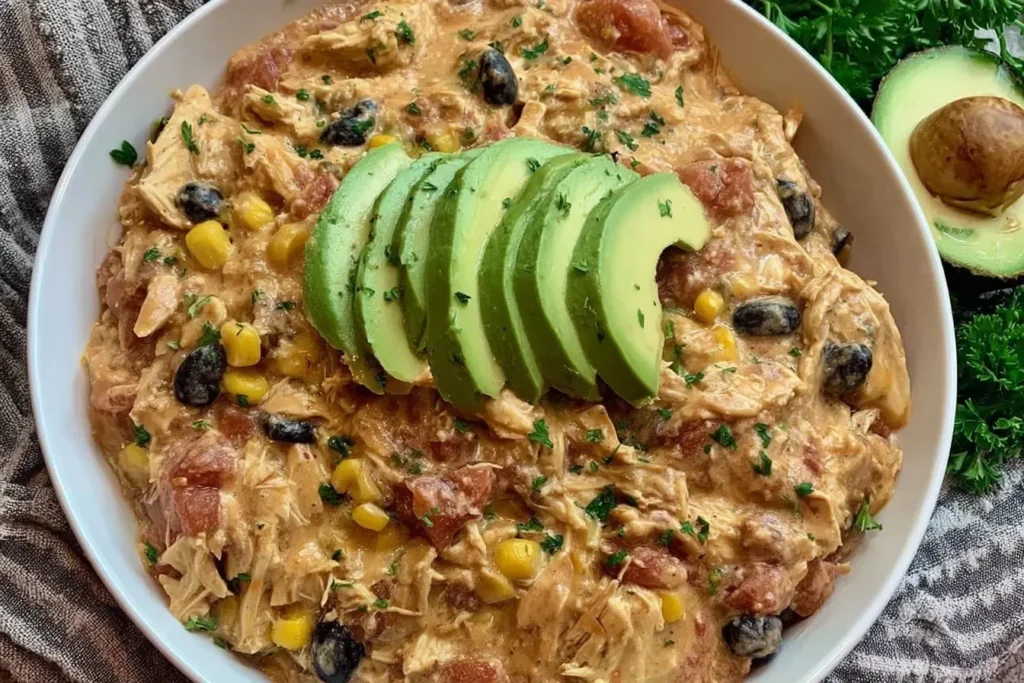 A bowl of creamy Slow Cooker Fiesta Chicken made with shredded chicken, corn, black beans, tomatoes, and topped with fresh avocado slices.