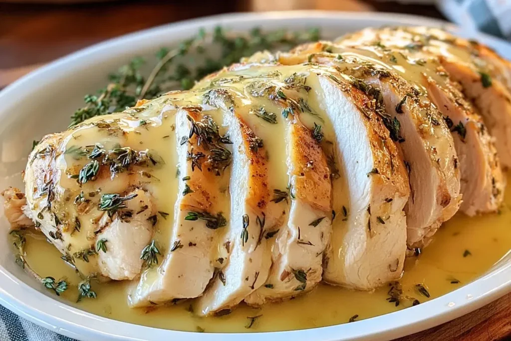 Juicy Crockpot Turkey Breast sliced and topped with buttery herb sauce on a white platter.
