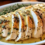 Juicy Crockpot Turkey Breast sliced and topped with buttery herb sauce on a white platter.