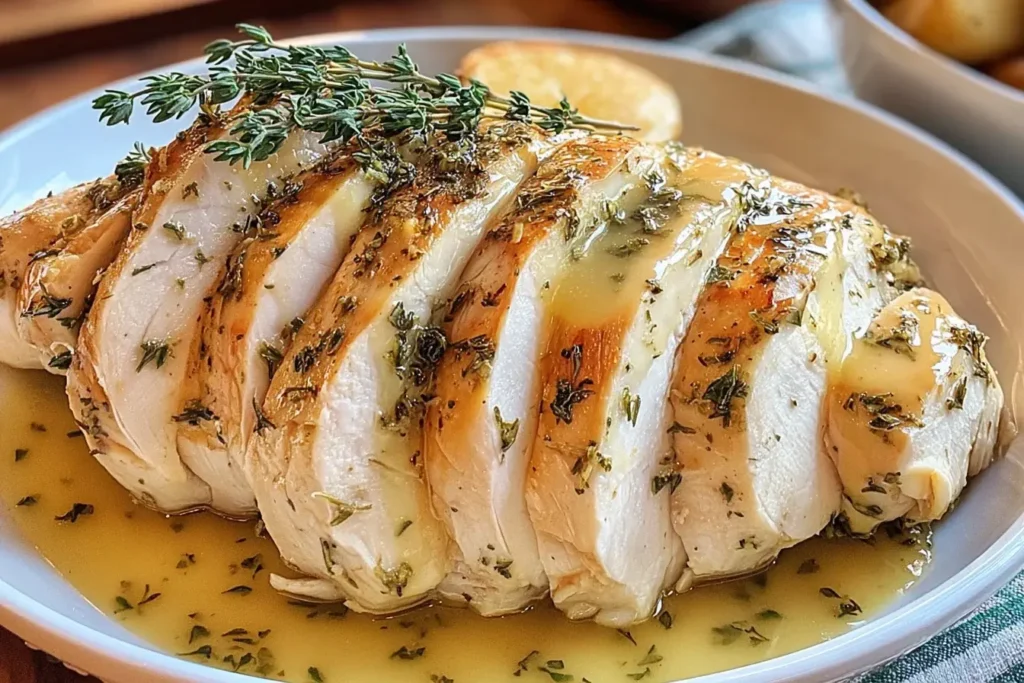 Sliced Crockpot Turkey Breast topped with fresh thyme and drizzled with golden herb butter sauce.
