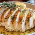 Sliced Crockpot Turkey Breast topped with fresh thyme and drizzled with golden herb butter sauce.