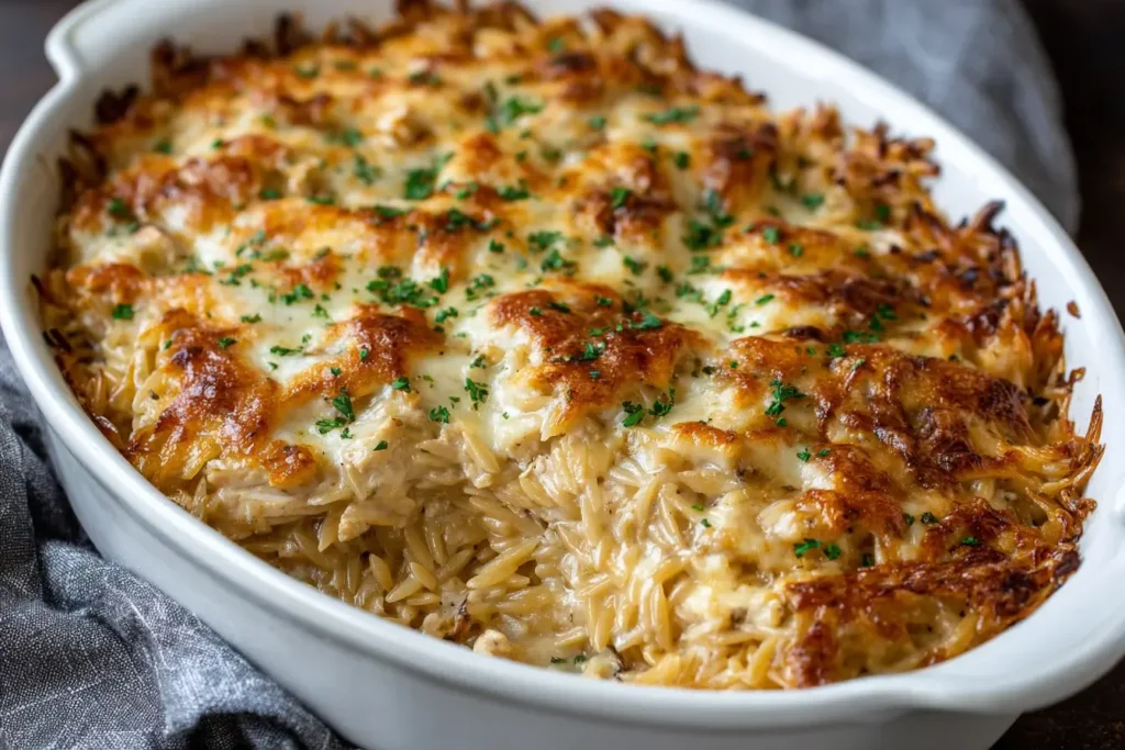 Baked French Onion Chicken Orzo Casserole in a white dish topped with melted Gruyère cheese and sprinkled with fresh parsley.