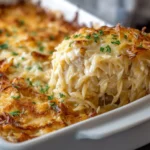 A serving of creamy French Onion Chicken Orzo Casserole being scooped from a white baking dish, showing melty cheese, tender chicken, and golden onions.