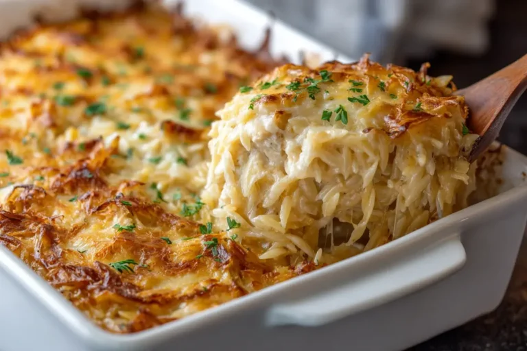 A serving of creamy French Onion Chicken Orzo Casserole being scooped from a white baking dish, showing melty cheese, tender chicken, and golden onions.