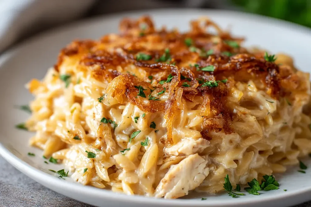 Close-up of creamy French Onion Chicken Orzo Casserole topped with caramelized onions and fresh parsley on a plate.
