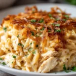Close-up of creamy French Onion Chicken Orzo Casserole topped with caramelized onions and fresh parsley on a plate.