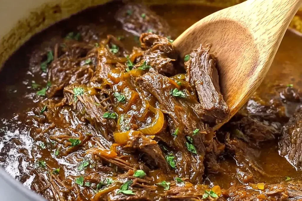 Tender shredded French Onion Pot Roast with caramelized onions in rich gravy, scooped with a wooden spoon inside a Dutch oven.