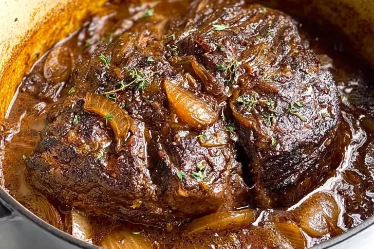 Slow-braised French Onion Pot Roast with caramelized onions and rich gravy in a Dutch oven, showcasing tender beef and golden onion sauce.