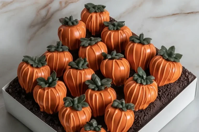 Close-up of Pumpkin Patch Strawberries decorated with orange chocolate to look like tiny pumpkins, arranged on a cookie crumb “dirt” base.