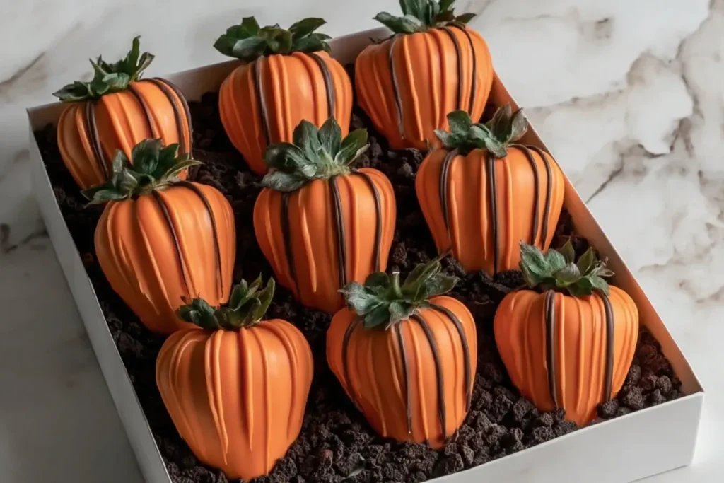 Pumpkin Patch Strawberries dipped in orange chocolate with dark chocolate ridges, arranged on crushed cookie “dirt” for a festive fall dessert.