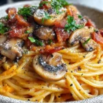 Creamy Pumpkin and Mushroom Spaghetti with crispy bacon and Parmesan served in a rustic bowl