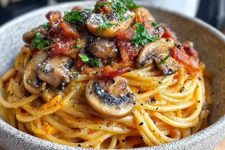 Creamy Pumpkin and Mushroom Spaghetti with crispy bacon and Parmesan served in a rustic bowl