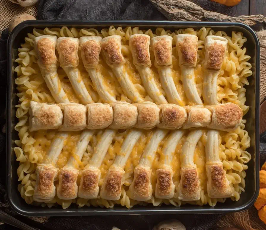Rib Cage Mac and Cheese casserole topped with golden crescent roll ribs over creamy cheddar macaroni, the perfect spooky Halloween comfort food.