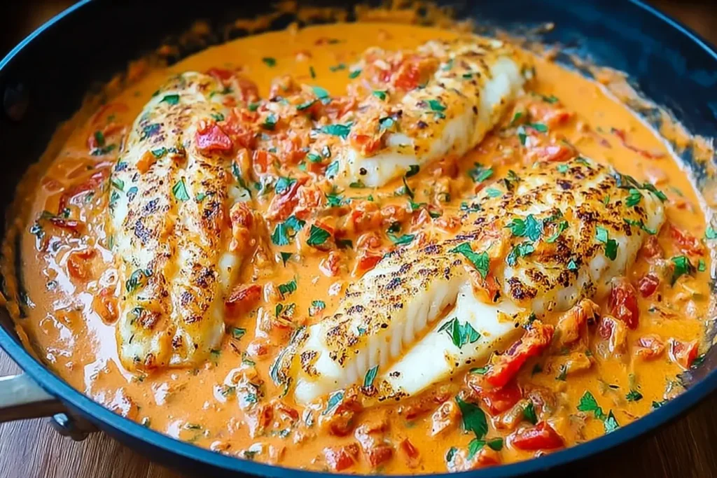 Juicy tilapia fillets simmering in a creamy roasted pepper sauce topped with fresh herbs – Tilapia in Roasted Pepper Sauce