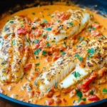 Juicy tilapia fillets simmering in a creamy roasted pepper sauce topped with fresh herbs – Tilapia in Roasted Pepper Sauce