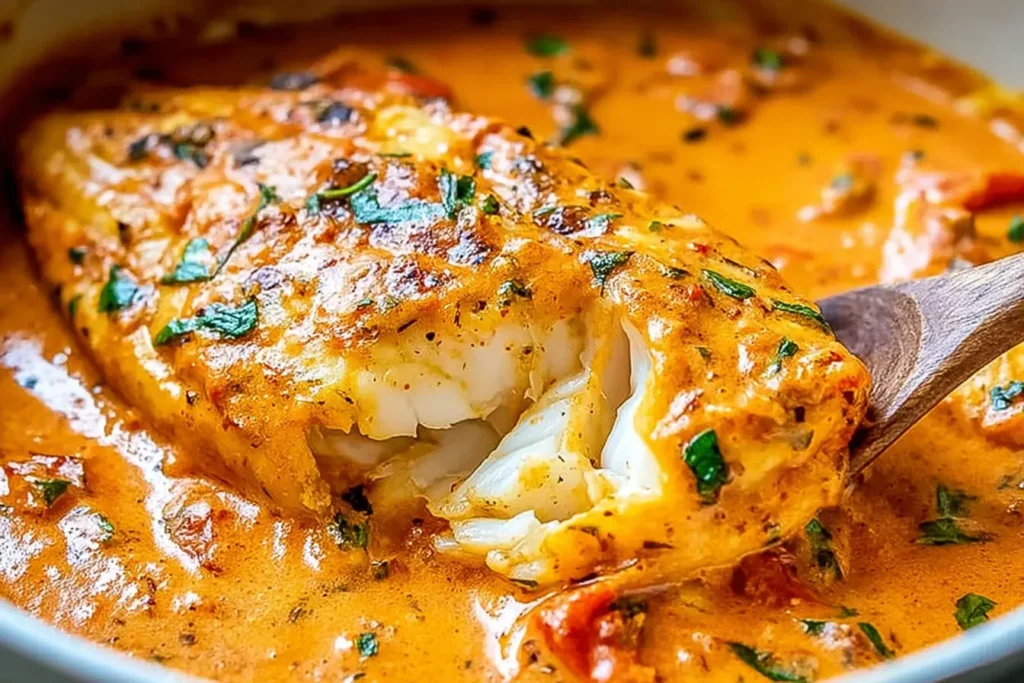 Close-up of tender tilapia fillet in creamy roasted pepper sauce – Tilapia in Roasted Pepper Sauce