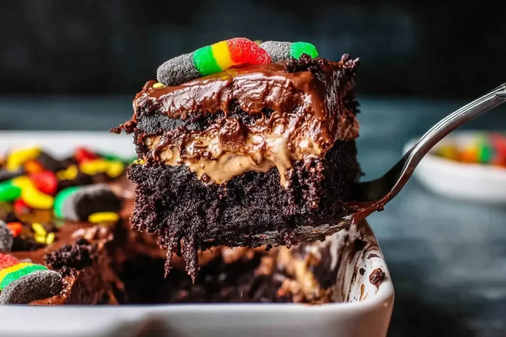 A rich slice of chocolate pudding dirt cake lifted from the pan, showcasing gooey pudding layers, chocolate frosting, and a gummy worm topping.