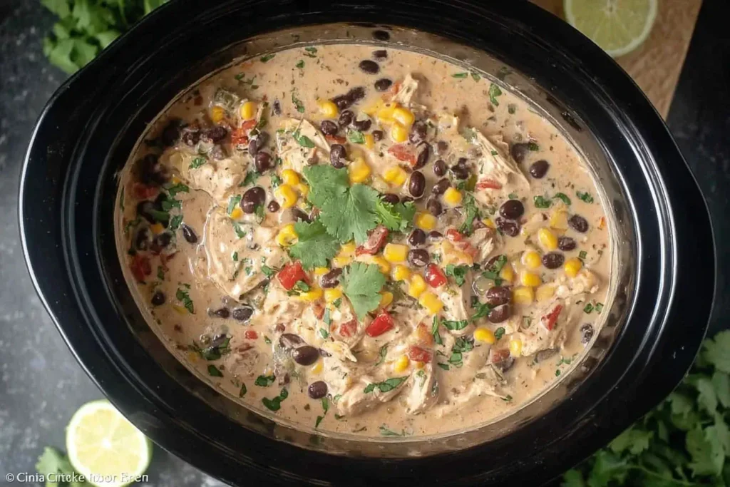 A creamy Slow Cooker Fiesta Chicken simmering in a Crock Pot with shredded chicken, corn, black beans, tomatoes, and cilantro garnish.