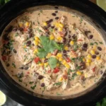 A creamy Slow Cooker Fiesta Chicken simmering in a Crock Pot with shredded chicken, corn, black beans, tomatoes, and cilantro garnish.