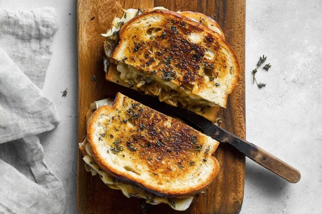 Caramelized Onion and Apple Grilled Cheese Sandwich on a wooden board, sliced in half and perfectly toasted with melted cheese oozing out.