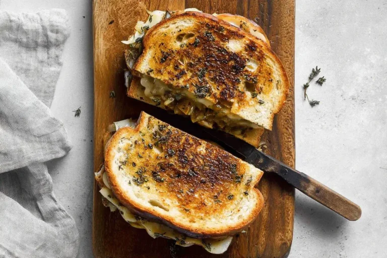 Caramelized Onion and Apple Grilled Cheese Sandwich on a wooden board, sliced in half and perfectly toasted with melted cheese oozing out.