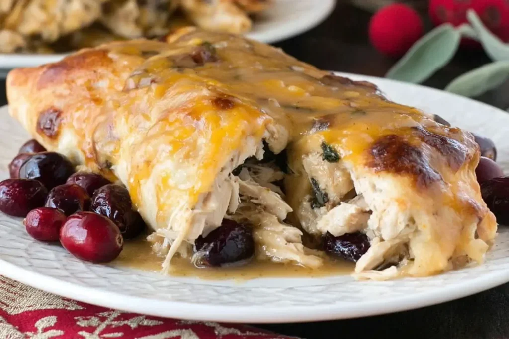 Close-up of Thanksgiving Enchiladas filled with turkey, stuffing, and cranberry sauce topped with melted cheese and rich gravy