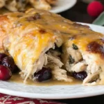 Close-up of Thanksgiving Enchiladas filled with turkey, stuffing, and cranberry sauce topped with melted cheese and rich gravy