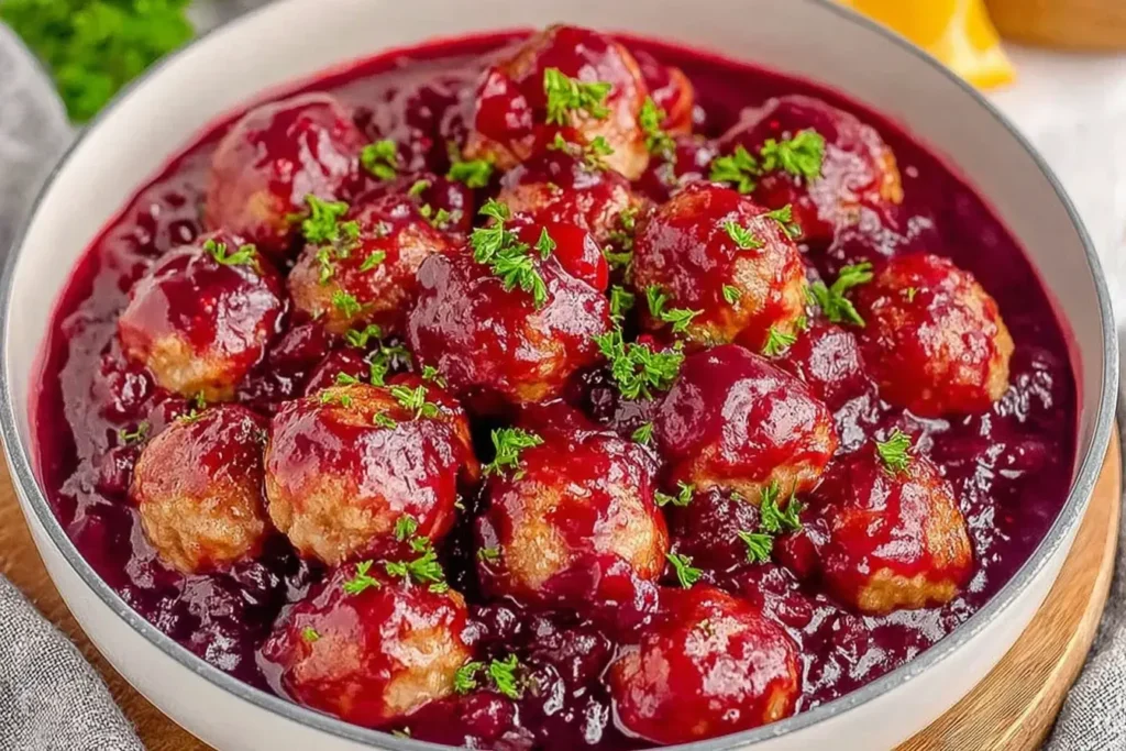 Delicious Quick Cranberry Meatballs coated in tangy cranberry sauce, garnished with parsley for a festive holiday dish.
