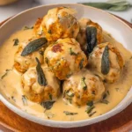 Pumpkin Chicken Meatballs in Sage Cream Sauce served in a creamy herb sauce with fresh sage on top.