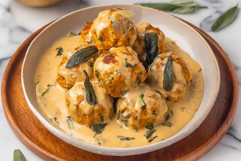 Pumpkin Chicken Meatballs in Sage Cream Sauce served in a creamy herb sauce with fresh sage on top.