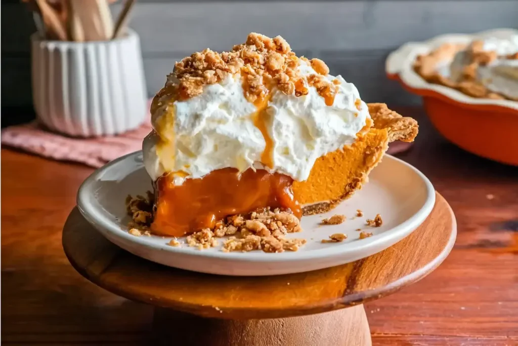 A slice of Milk Bar Hilly’s Pumpkin Caramel Pie recipe topped with whipped cream, caramel drizzle, and streusel crumbs on a white plate.
