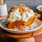 A slice of Milk Bar Hilly’s Pumpkin Caramel Pie recipe topped with whipped cream, caramel drizzle, and streusel crumbs on a white plate.