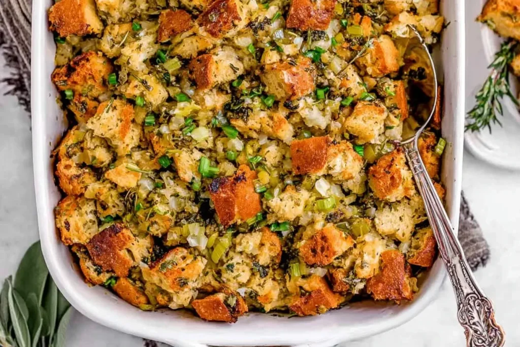 Traditional Thanksgiving stuffing with golden bread cubes, celery, onions, and herbs baked to perfection in a white casserole dish.