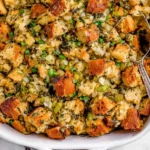 Traditional Thanksgiving stuffing with golden bread cubes, celery, onions, and herbs baked to perfection in a white casserole dish.