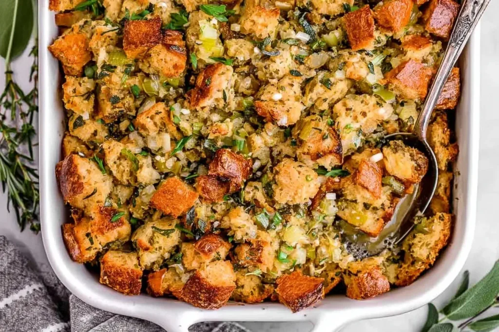 Golden-brown traditional Thanksgiving stuffing baked with herbs, celery, and toasted bread cubes in a white casserole dish.