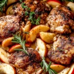 Tender Crockpot Apple Cider Chicken Thighs with caramelized apples and fresh rosemary in a cozy fall sauce.