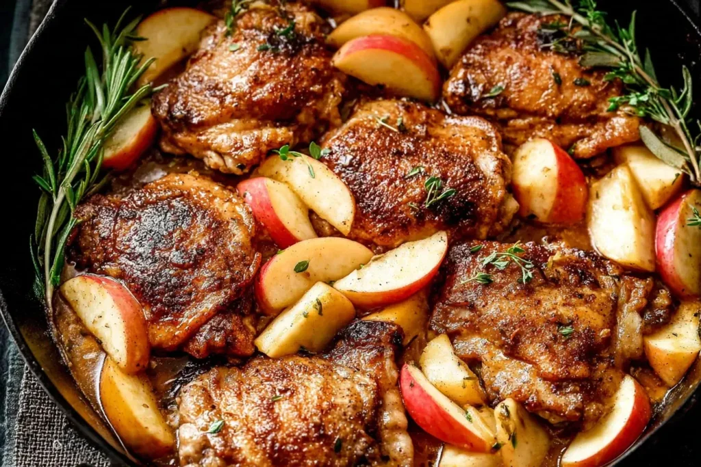 Crockpot Apple Cider Chicken Thighs cooked with apples, herbs, and a golden cider glaze for a cozy fall dinner.
