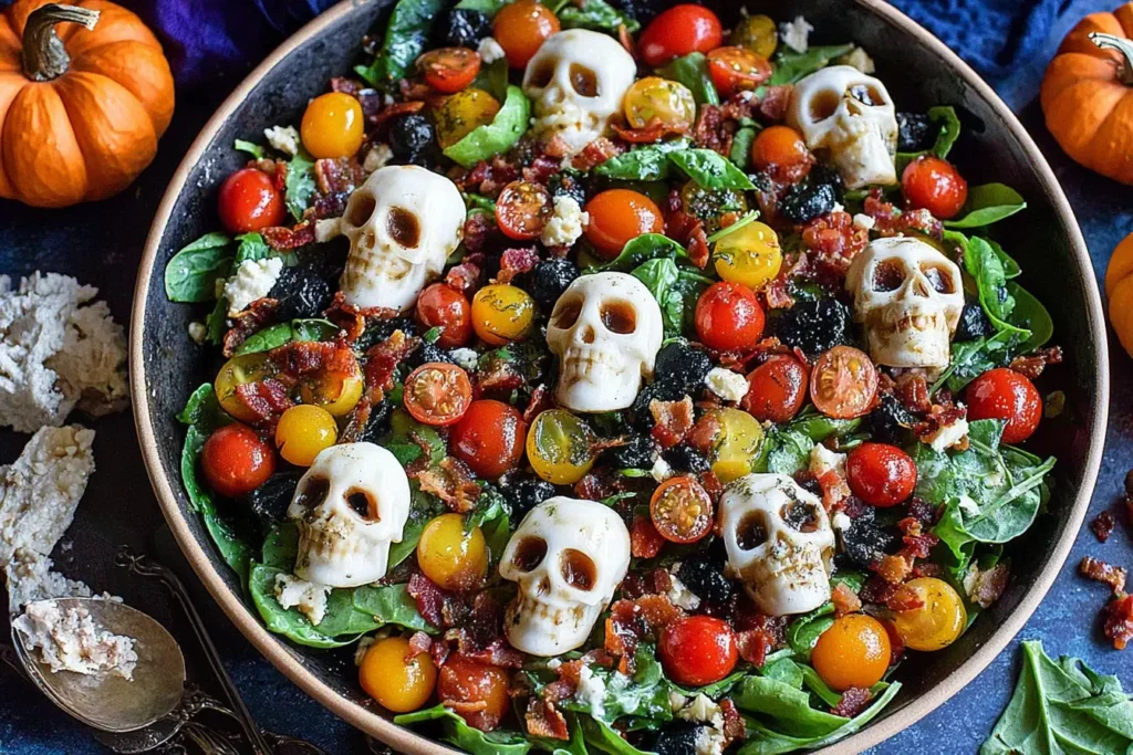 Halloween Salad with mozzarella skulls, cherry tomatoes, bacon, and spinach — a spooky and vibrant salad perfect for Halloween parties.