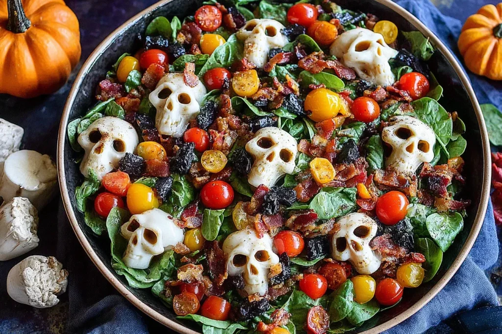 Halloween Salad with mozzarella skulls, cherry tomatoes, and greens — a spooky, colorful dish perfect for Halloween parties.