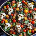 Halloween Salad with mozzarella skulls, cherry tomatoes, and greens — a spooky, colorful dish perfect for Halloween parties.