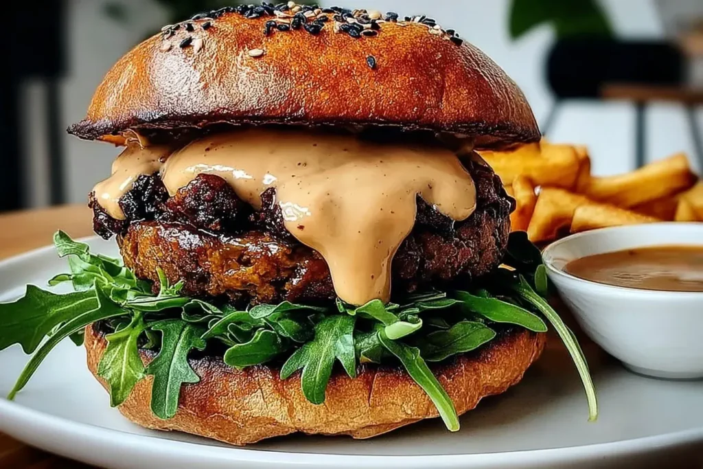 Close-up of a Black Bean Burger with creamy sauce, toasted bun, and arugula served on a white plate with fries.
