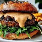 Close-up of a Black Bean Burger with creamy sauce, toasted bun, and arugula served on a white plate with fries.