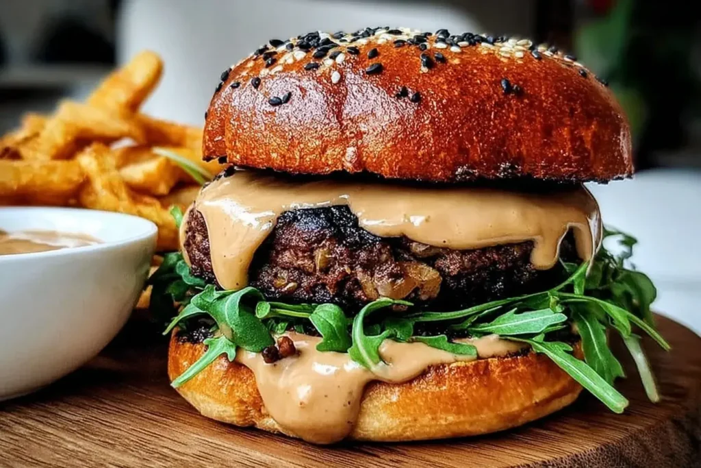Juicy Black Bean Burger with creamy sauce, fresh arugula, and a toasted sesame bun served with fries.
