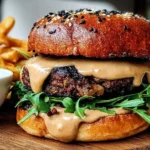 Juicy Black Bean Burger with creamy sauce, fresh arugula, and a toasted sesame bun served with fries.