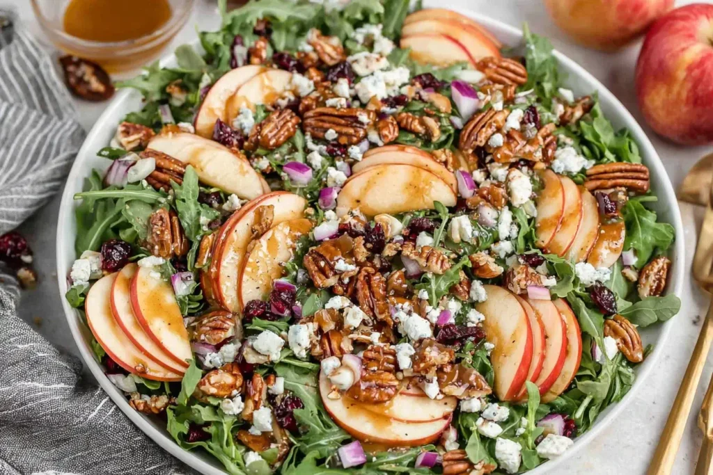 Fresh Apple Arugula Salad with sliced apples, goat cheese, maple pecans, and balsamic dressing served on a white plate.
