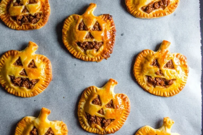 Golden-brown spooky chorizo hand pies shaped like jack-o’-lanterns on a baking sheet, perfect for a festive Halloween treat.