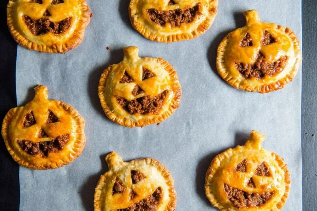 Freshly baked spooky chorizo hand pies shaped like smiling jack-o’-lanterns, filled with savory chorizo on a parchment-lined baking tray.