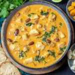 Creamy Pumpkin Chicken Soup in a bowl with beans, spinach, and tender chicken chunks, garnished with fresh herbs.