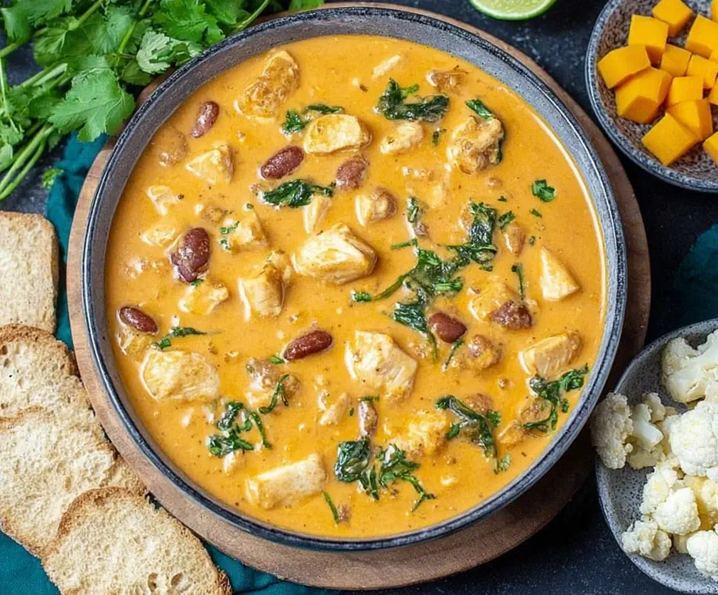 Creamy Pumpkin Chicken Soup in a bowl with beans, spinach, and tender chicken chunks, garnished with fresh herbs.